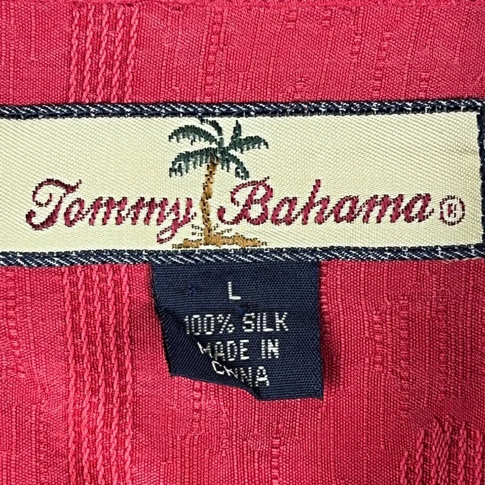 Tommy Bahama Camp Shirt Mens L Red 100% Silk‎ Tropical Jacquard Floral Button Up